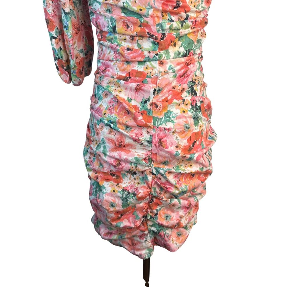 ZARA Floral One-Shoulder Ruched Mini Dress With Bow Detail - Picture 11 of 12